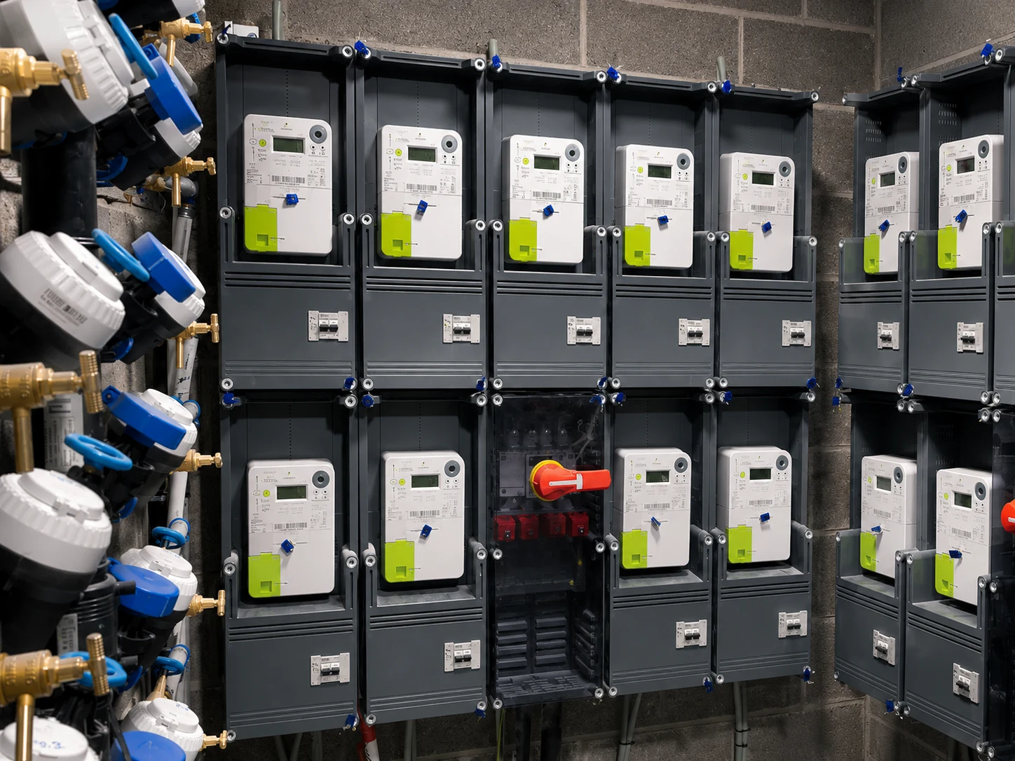 Batterie de compteurs communicants installés en local technique