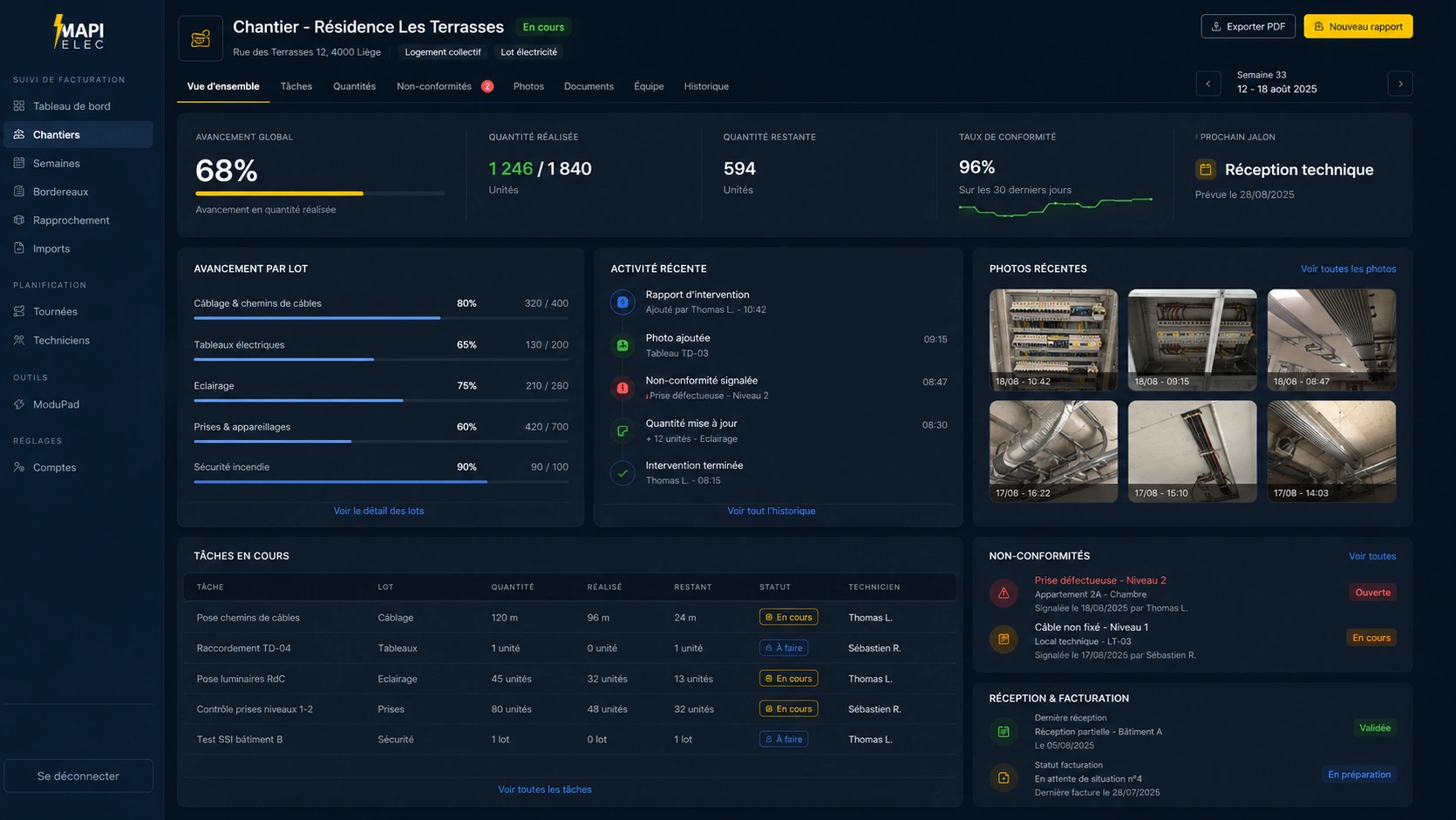 Interface de suivi de chantier utilisée par MAPI Elec